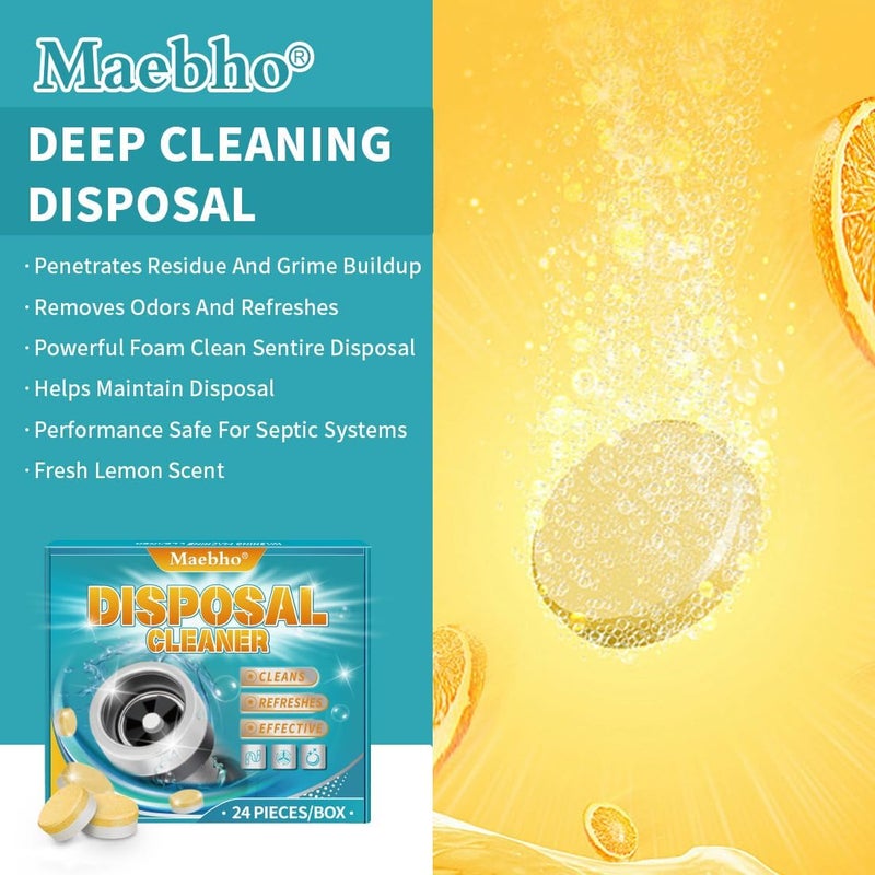Maebho Garbage Disposal Cleaner and Deodorizer Tablets 24-Pack,Septic Safe Sink and Drain Foaming Clean Tablets,Quickly Eliminates Odors,Powerful Foaming Action,Lemon Scent – 1-Year Supply - Image 2